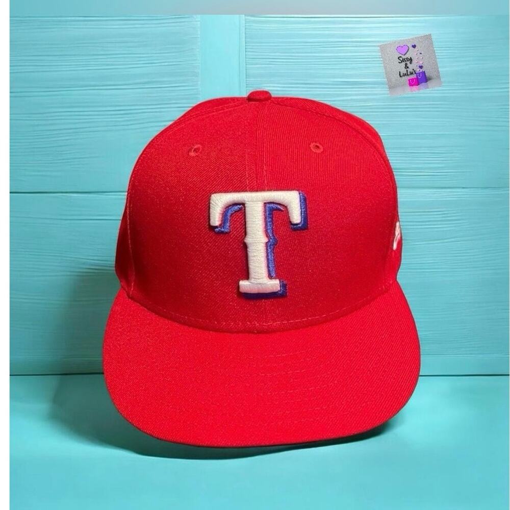 New Era Texas Rangers MLB Fitted Baseball Cap Red Flat Brim Size 7 1/2